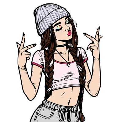 realistic teenage girl with braids and a beanie and crop top doing 🫶🏼