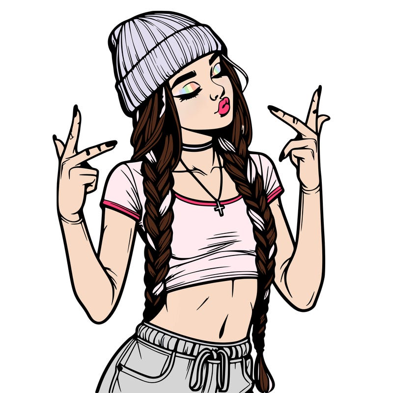 realistic teenage girl with braids and a beanie and crop top doing 🫶🏼