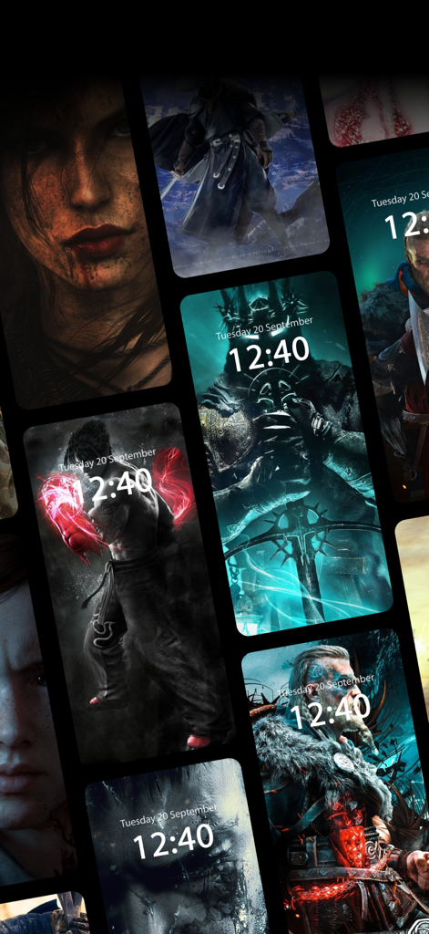 Uma colagem mostrando vários wallpapers de jogos 4K como prévias de tela de bloqueio de iPhone com personagens populares de jogos