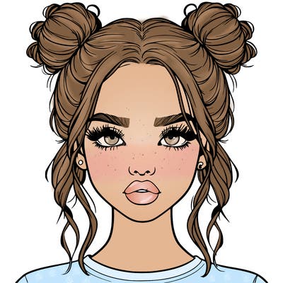 realistic girl with two buns in hair and lips
