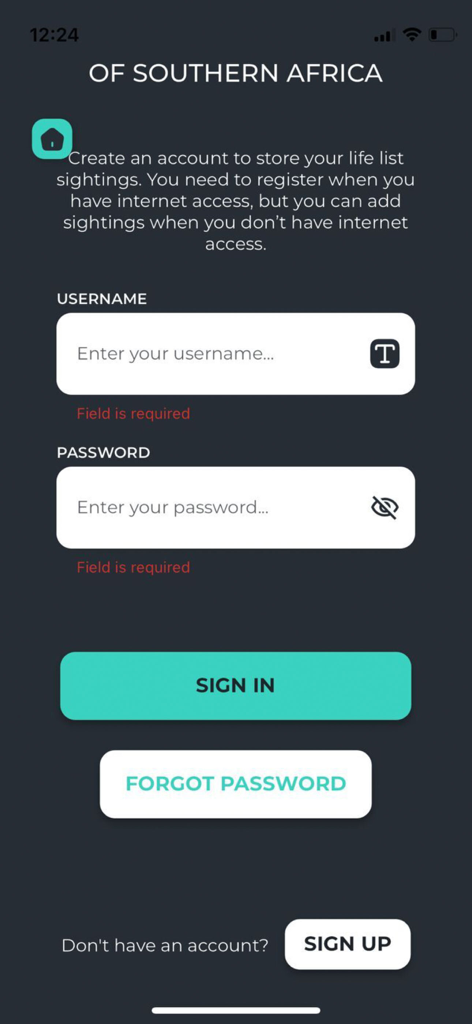 Newman’s Birds of Africa - 鳥の観察記録をライフリストで追跡するために使用されるNewmans Birds of Africaアプリのログインとサインアップ画面