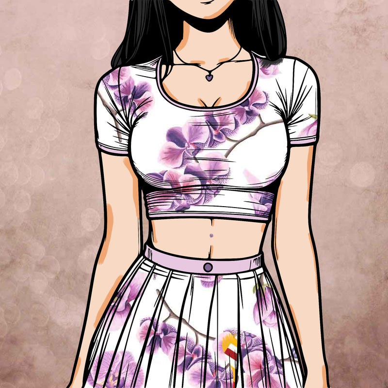 realistic girl wearing crop top and skirt