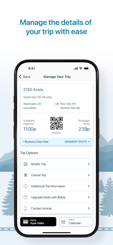 Amtrak mobile app screen displaying trip details for an Acela train from Washington DC to New York with ticket QR code and management options.