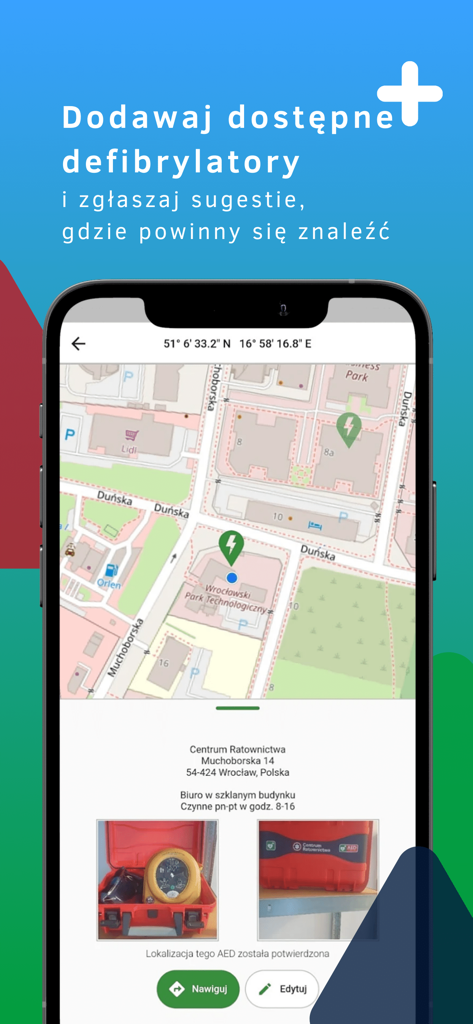 Ratownik app interface showing an AED location on a map with site details and photos of the defibrillator.
