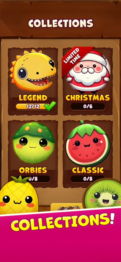 Animal Suika game collections screen featuring unlockable animal skins like Legend and Christmas themes.