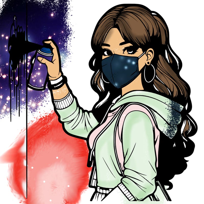 realistic girl with mask spray painting a wall