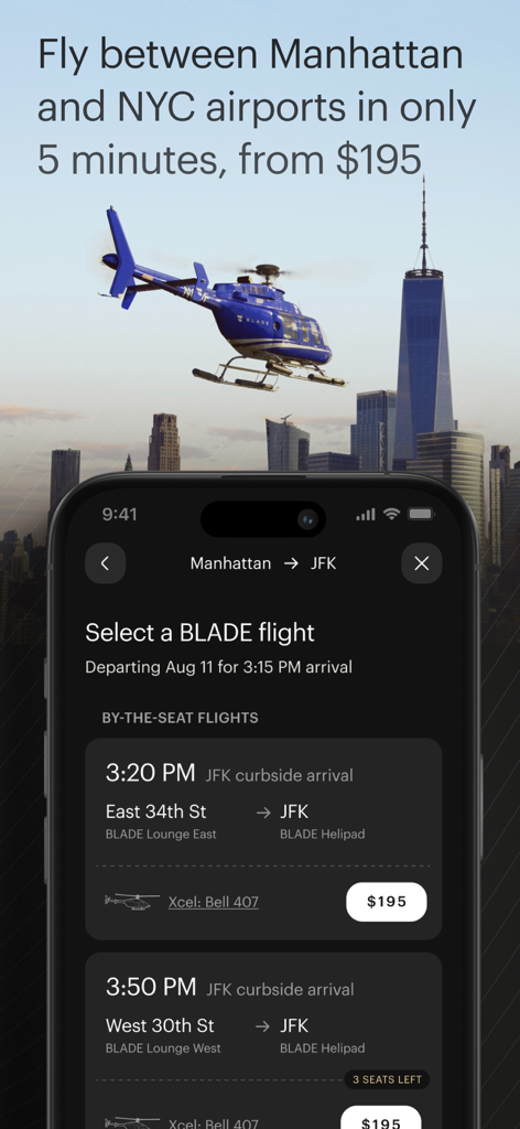 Captura de pantalla de la aplicación BLADE que muestra opciones de vuelo en helicóptero desde Manhattan al aeropuerto JFK con un helicóptero sobre el horizonte de la ciudad de Nueva York