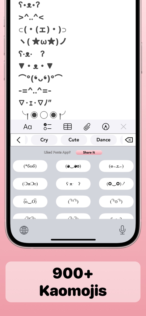 Fonts App - Cool Font Keyboard - A smartphone screen displaying a wide variety of cute and aesthetic Kaomojis within the Fonts App keyboard interface.