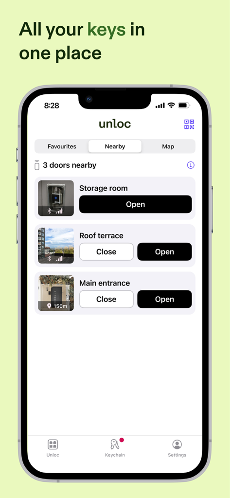 Unloc. - iPhone screen showing Unloc app interface with digital keys for nearby doors