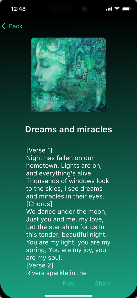 Aiva AI music generator interface displaying generated song lyrics and cover art