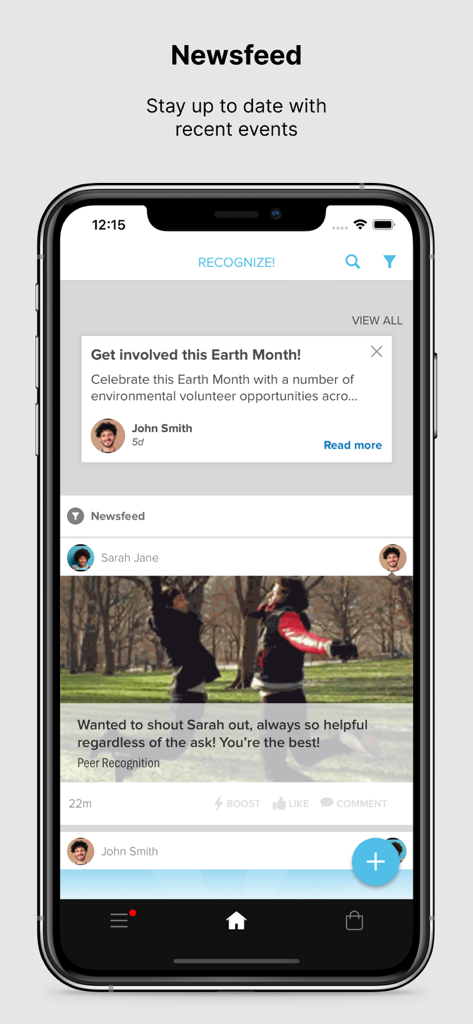 Achievers mobile app newsfeed screen showing a peer recognition post with photo and comments