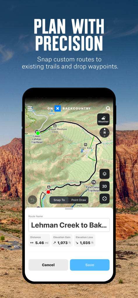 onX Backcountry: Trail GPS App - Application onX Backcountry montrant un itinéraire de randonnée personnalisé avec des statistiques de distance et d'élévation sur une carte topographique.