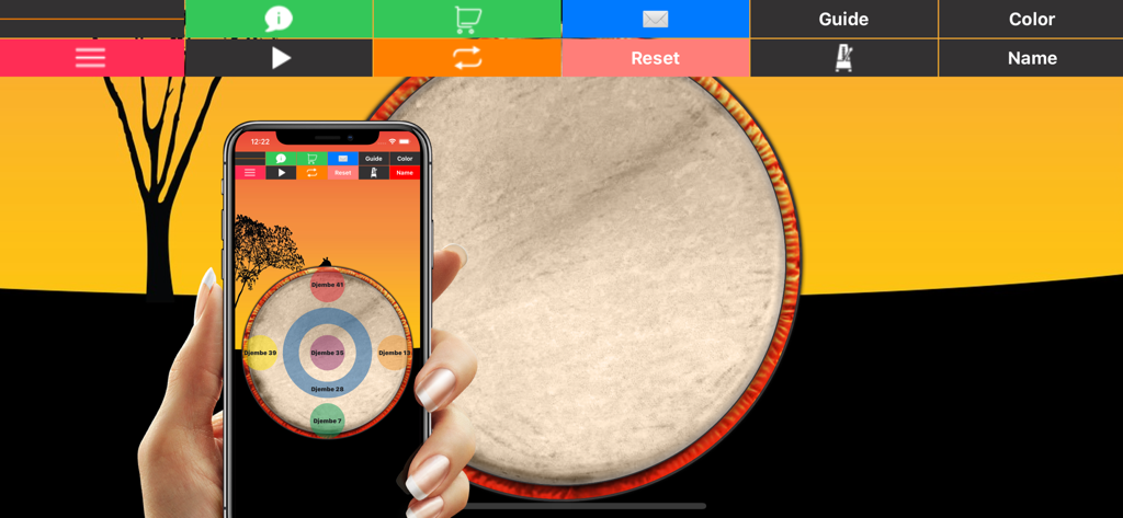 Djembe - Drum Percussion Pad - Hand holding a smartphone displaying the Djembe drum percussion pad app interface with custom sound zones and navigation controls