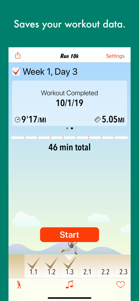 Run 10k - couch to 10k program - A completed workout summary in the Run 10k app showing pace, distance, and training progress.