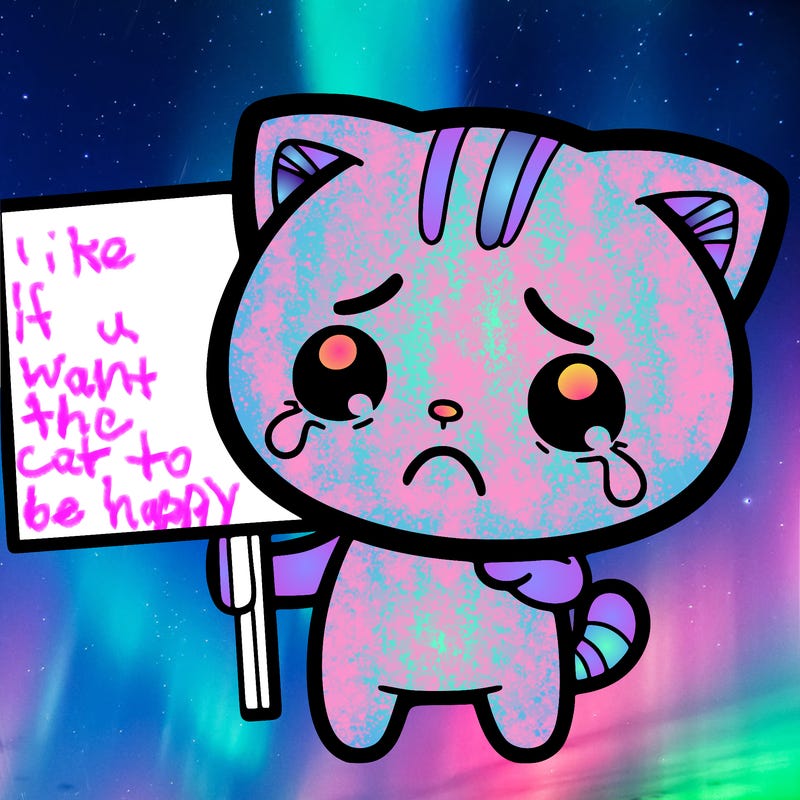 a sad cat holding a sign