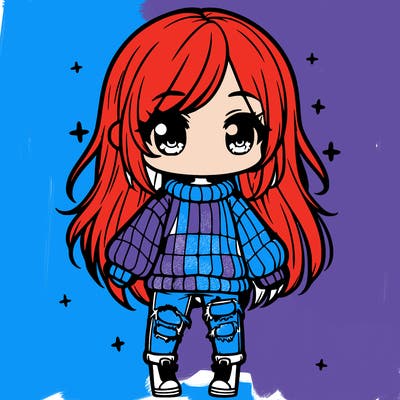 chibi girl with ripped jeans,long hair, and an oversized sweater