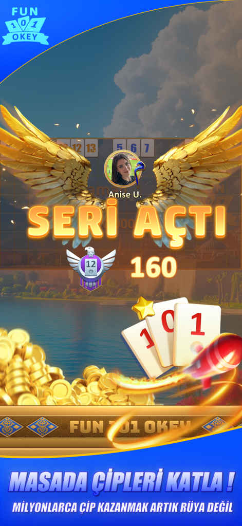 Fun 101 Okey - Play Win Online - Una pantalla de juego ganadora de Fun 101 Okey que muestra el avatar de un jugador con alas doradas y una pila de monedas de oro