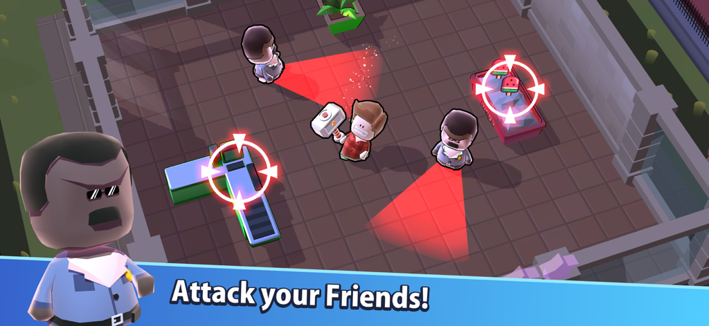 Mega Store: Supermarket Game - In-game screenshot showing a player character sneaking past security guards to attack a friend's store in Mega Store.