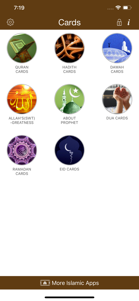 Islamic Greeting Cards - Main menu of the Islamic Greeting Cards app showing categories like Quran Hadith Dua and Eid cards