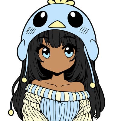 anime girl with chick shaped hat with sweater with bare shoulders with bangs covering them one eye with low tail