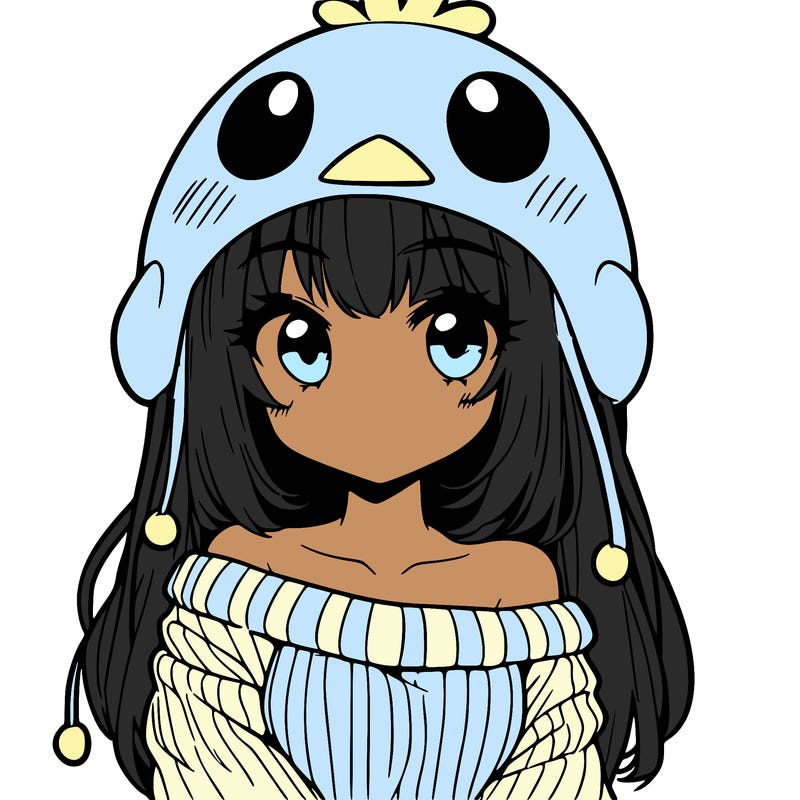 anime girl with chick shaped hat with sweater with bare shoulders with bangs covering them one eye with low tail