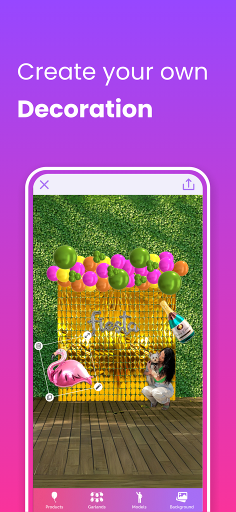 Creador (Party Designer) - Mobile app interface showing a party decoration mockup with balloons and a gold shimmer wall