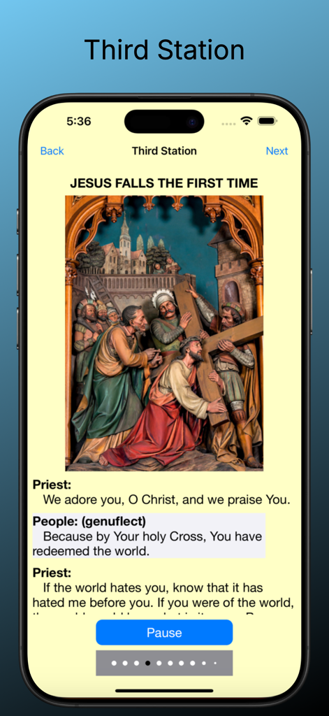 Scriptural Stations - English - Pantalla de la aplicación Estaciones Bíblicas mostrando la Tercera Estación Jesús Cae por Primera Vez con texto de oración litúrgica