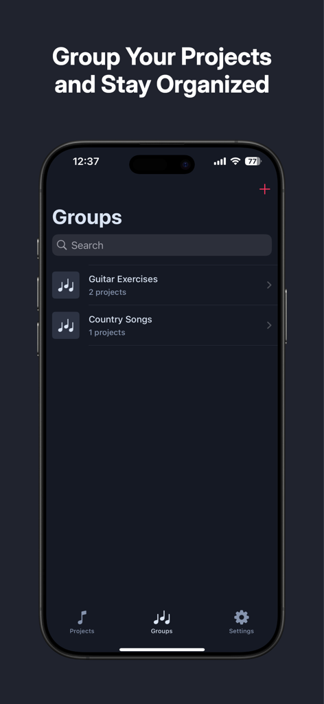 AudioTweak: Change Music Speed - Interface of the AudioTweak app showing the Groups section where music projects are organized into categories like Guitar Exercises and Country Songs.
