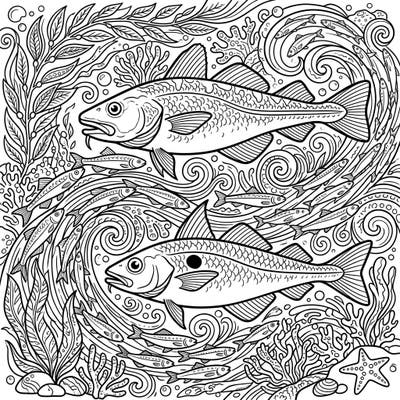 Unleash your creativity with this detailed coloring page featuring cod and haddock amidst a vibrant underwater ecosystem. Perfect for teens seeking an engaging and intricate marine adventure.