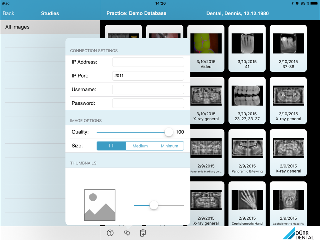 Connection and image quality settings menu in the DUERR DENTAL Imaging app for iPad
