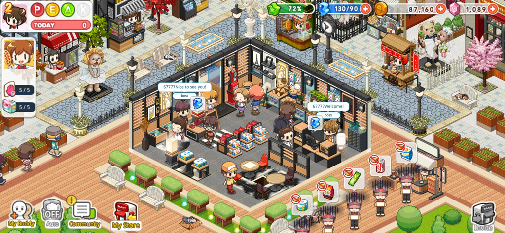 My Store Tycoon - Jugabilidad de una tienda de conveniencia concurrida en My Store Tycoon con clientes y personajes adorables