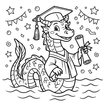 Dive into a world of celebratory fun with this adorable Ogopogo graduation coloring page! Watch as the legendary lake monster celebrates a big achievement, perfect for young colorists.