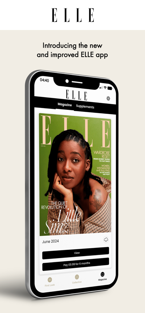 A smartphone displaying the new and improved ELLE Magazine UK app interface featuring a fashion cover