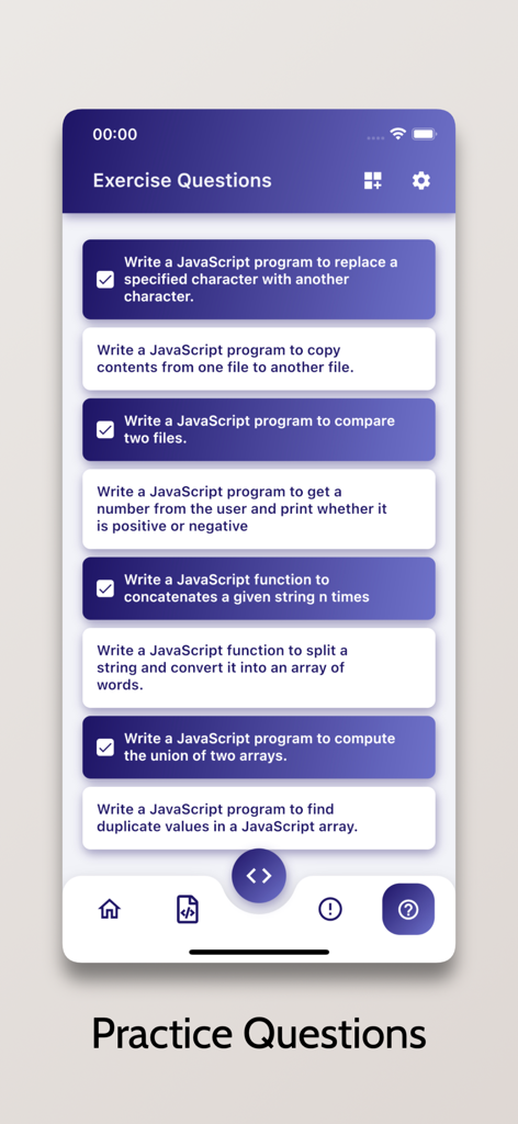 Tela do aplicativo JavaScript Compiler exibindo uma lista de perguntas e exercícios de prática de codificação