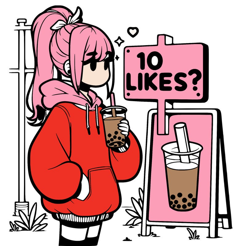 girl with oversized hoodie drinking boba and she has a high ponytail with a sign that says 10likes?
