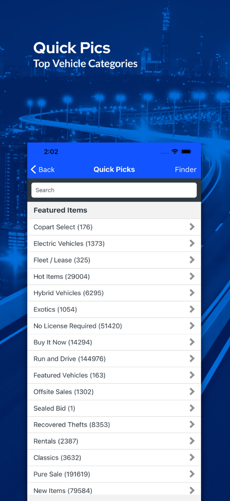 Copart - Online Auto Auctions - Copart mobile app Quick Picks screen showing various vehicle auction categories like Electric Vehicles and Classics