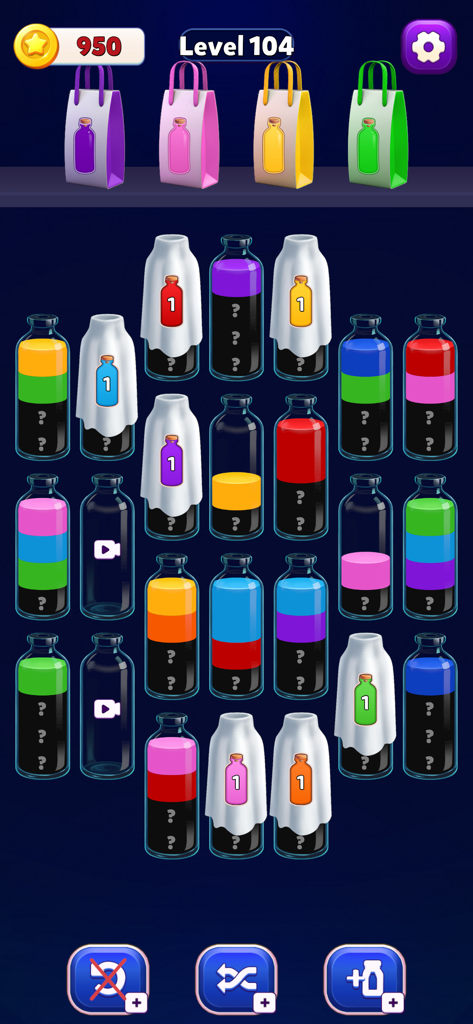 Gameplay screenshot of Water Sort Puzzle Order Up showing bottles with colored liquids and hidden sorting layers on level 104