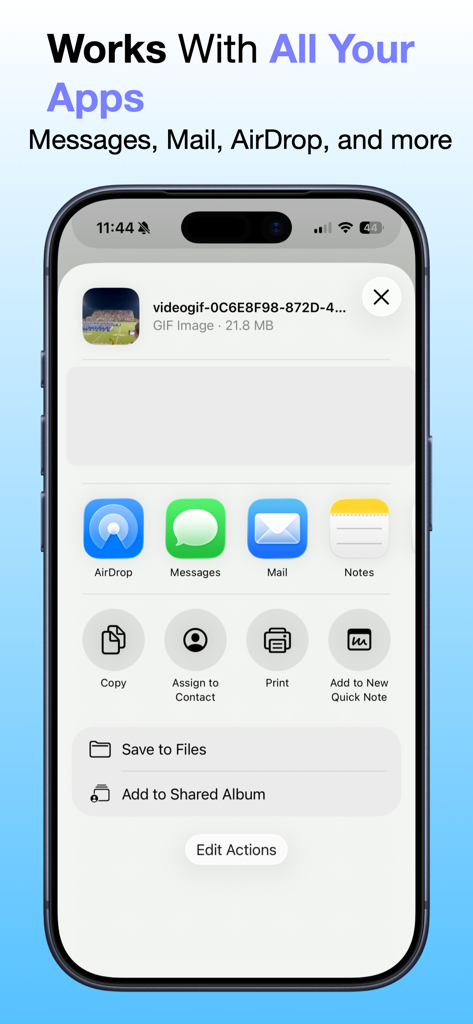 Make GIFs from Video - Menu di condivisione su iPhone che mostra l'esportazione di GIF in Messaggi, Mail e AirDrop