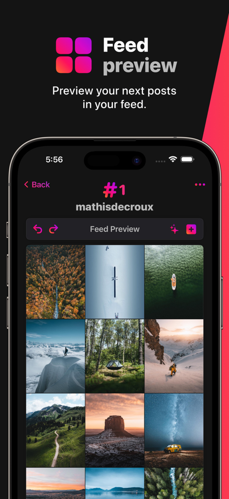 iPhone screen showing the feed preview feature of Toolbox for Instagram with a grid of curated photos