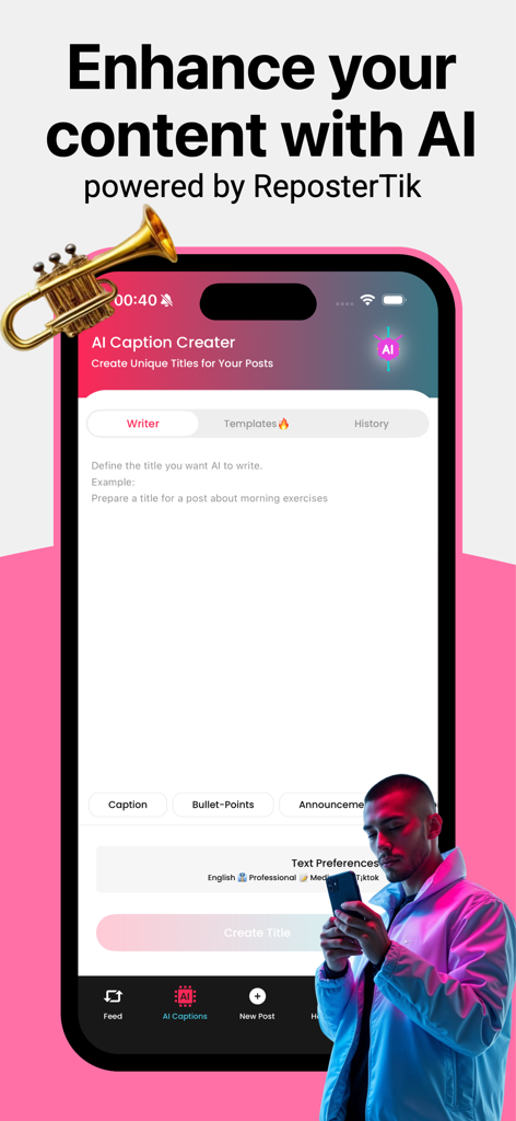 Smartphone screen showing the AI Caption Creator interface in the ReposterTik app used for generating social media post titles and captions.