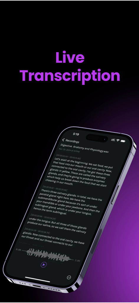 MedXcribe - MedXcribe App-Oberfläche, die live medizinische Transkription auf einem iPhone zeigt