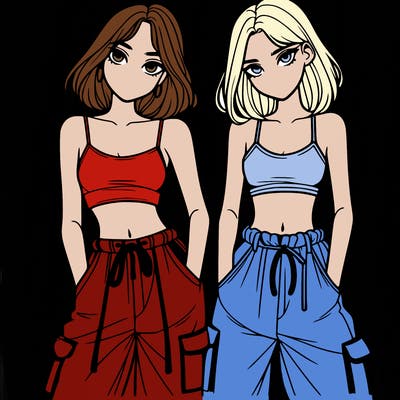 two girls with crop top with baggy pants