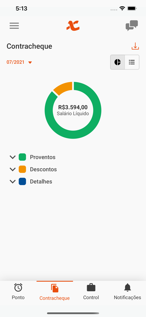 Nexti - Nexti mobile app screen displaying net salary and a visual breakdown of earnings and deductions