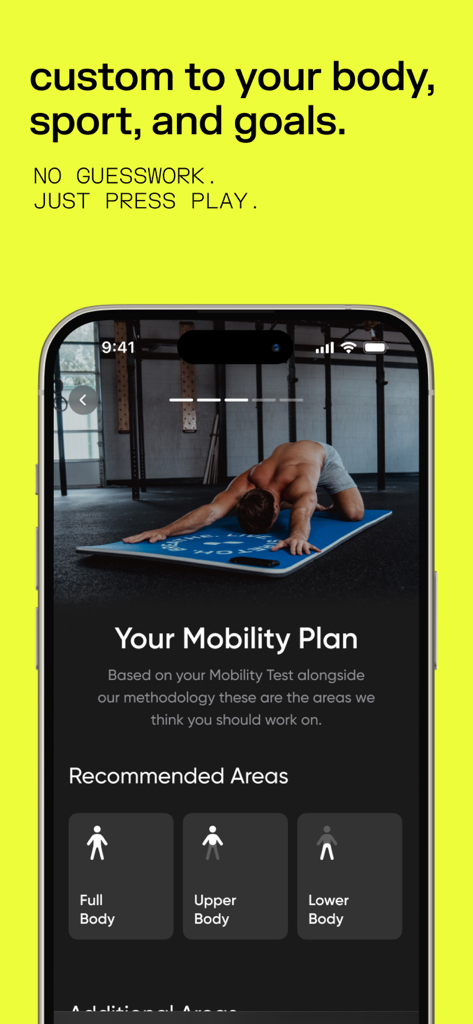 pliability: stretch + mobility - A smartphone screen from the pliability app showing a custom mobility plan based on a test result
