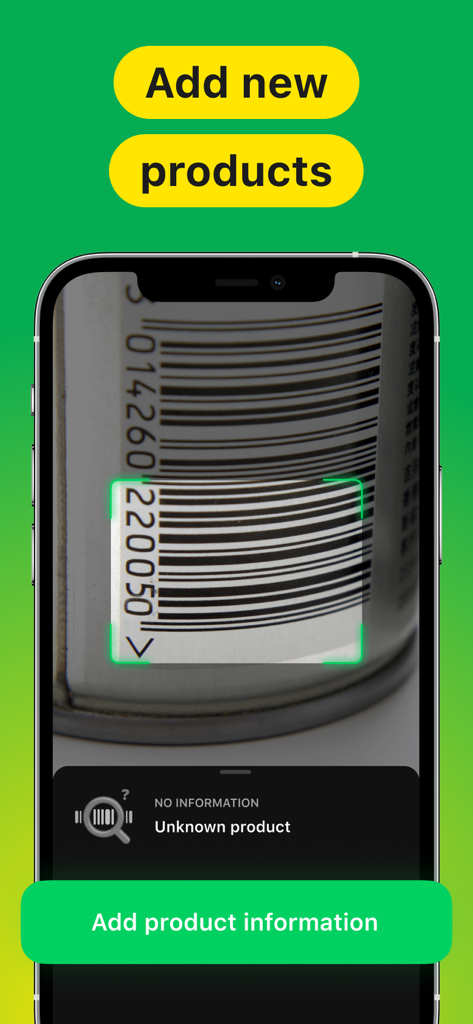 Mobile app screen scanning a barcode and showing an option to add new product information for an unknown item.