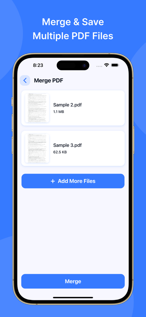 PDF Viewer: Easy PDF Viewer - PDF Viewer app screen showing the feature to merge and save multiple PDF files on a mobile device.