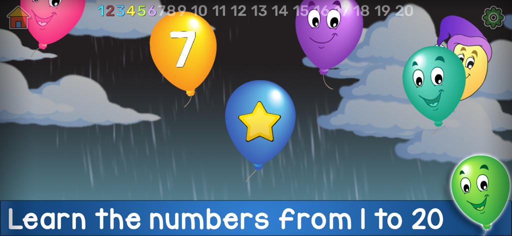 Kids Balloon Pop Language Game - Pantalla de juego educativo donde los niños pequeños revientan globos para aprender los números del 1 al 20