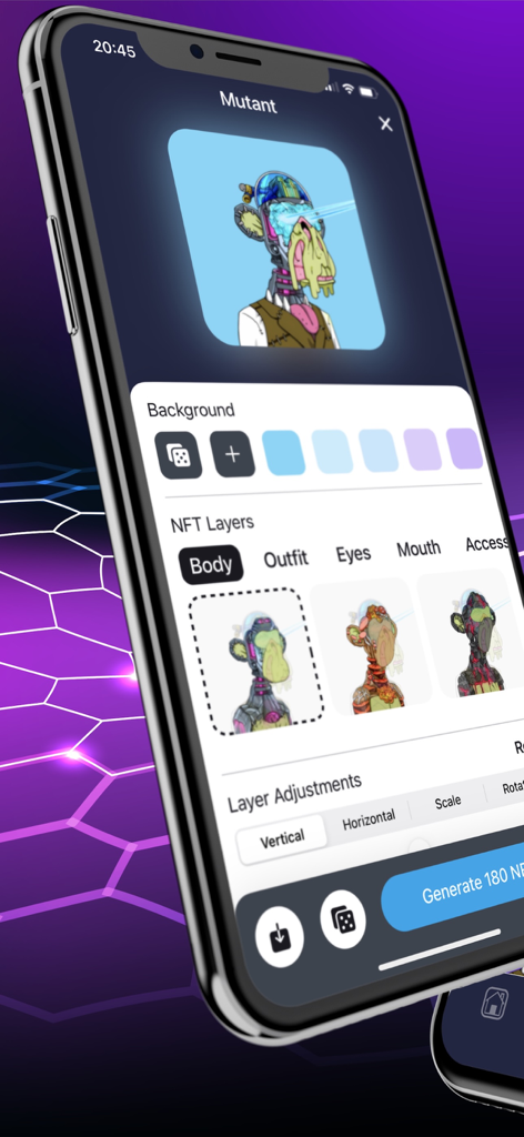 NFT Maker app screen showing the customization of a digital character with various layers and backgrounds