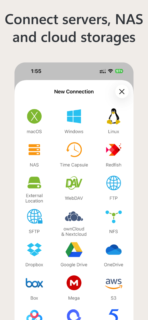 Owlfiles - File Manager - Owlfiles interface showing options to connect to servers, NAS, and various cloud storage services.