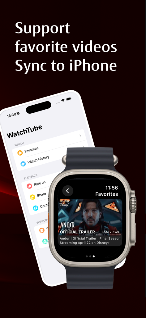 WatchTubeアプリで同期されたYouTubeのお気に入りを表示するApple WatchとiPhone